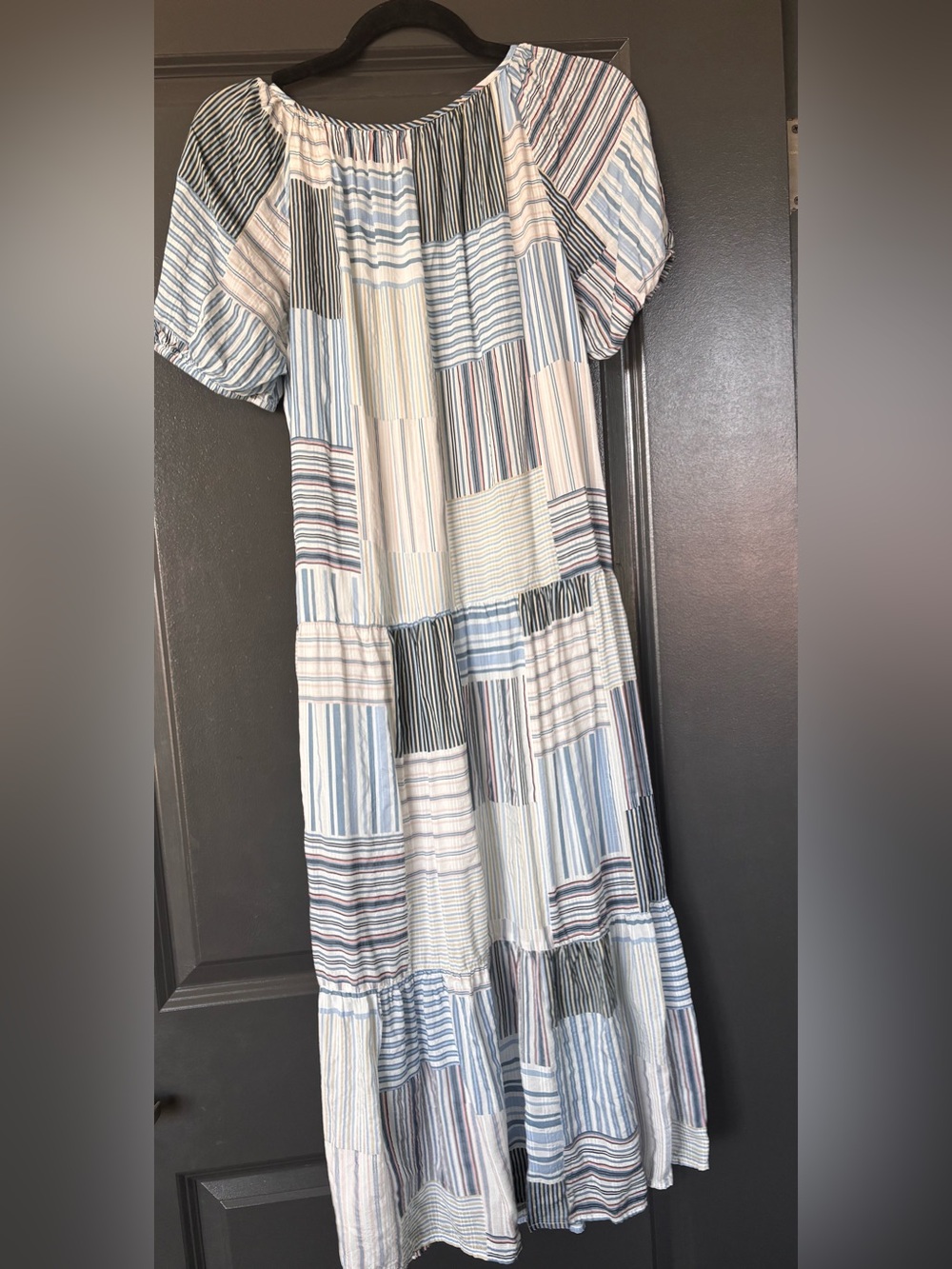 LOFT Blue and White Patchwork Stripe Midi Dress - Picture 2 of 4